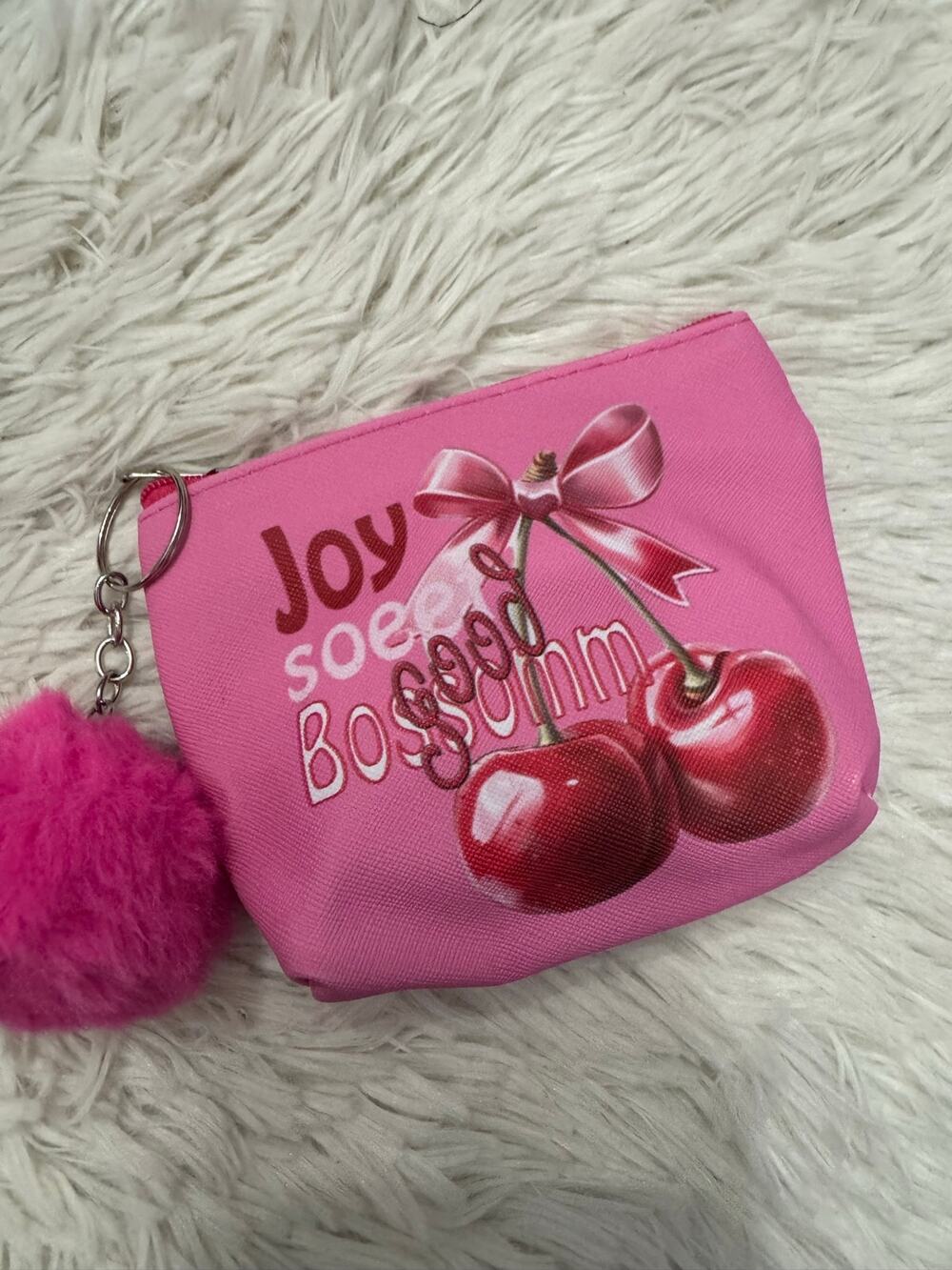 Pink cherry coin purse keychain with pom pom and bow #kawaii